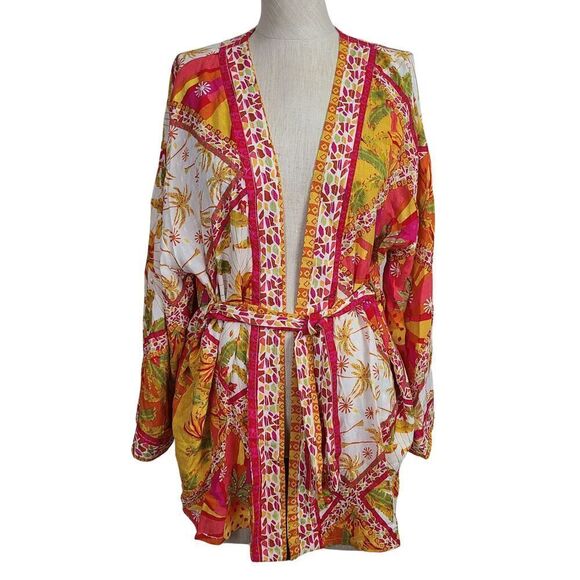New Haute Hippie Kimono S Pink Orange Tropical Pineapple Tie Wrap Tunic‎ - Picture 1 of 10